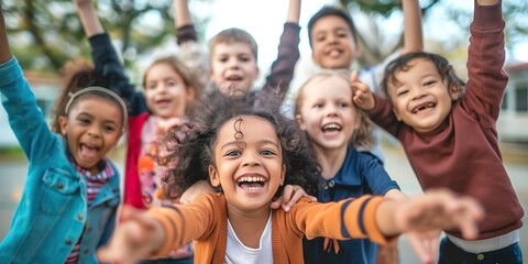 Fototapeta premium Diverse group of happy children standing beside each other.