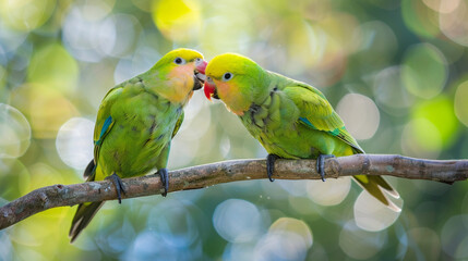 A pair of parrots engaged in a playful squabble, their beaks gently nipping at each other as they establish dominance.