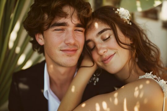 Newlyweds embrace affectionately in front of a towering cactus in the desert.