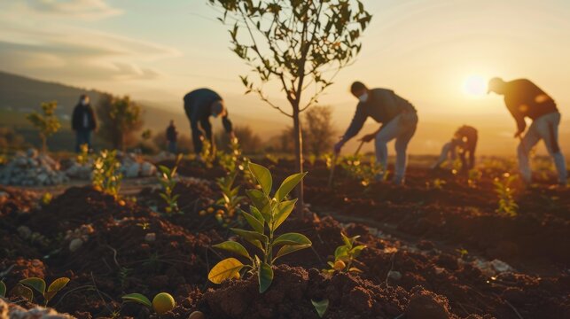 Group of people planting trees in soil at sunset, focusing on environmental conservation and teamwork in nature restoration efforts.