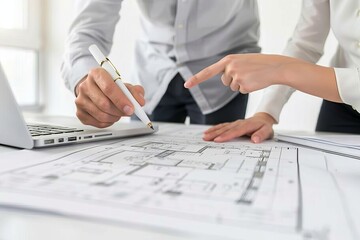 Closeup of two business people in an office, pointing at architectural blueprints on the table