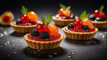 Appetizing tartlets with red caviar presentation