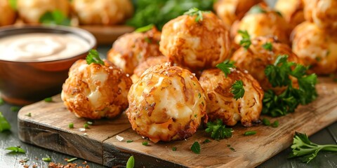 Fototapeta premium Delicious Vegan Cheese Fritters: Crispy Exterior, Mouthwatering Interior. Concept Vegan Recipes, Cheese Fritters, Crispy Exterior, Mouthwatering Interior, Cooking Techniques