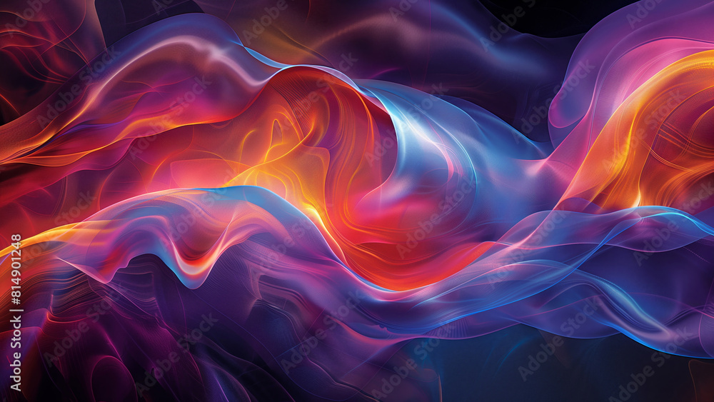 Poster vibrant abstract waves in fiery colors flowing across a deep blue background with dynamic movement a