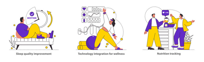 Wellness Monitoring set Illustrates improved sleep, tech-optimized health, and meticulous nutrition tracking Advocates for comprehensive wellness Vector illustration