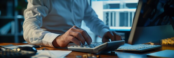 Man in a white shirt is using a calculator and notebook for her company bookkeeper work at an office desk