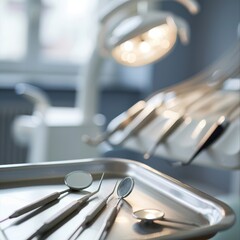 A dentist's tools laid out on a tray, with the dental chair and lamp softly out of focus in the background. 