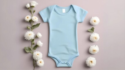 Blank Blue cotton baby short sleeve bodysuit on pastel blue background with white flowers. Infant onesie mockup. Gender neutral newborn bodysuit template mock up. Top view