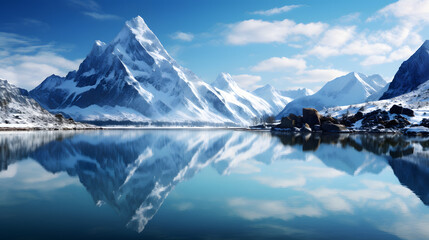 A serene lake reflecting snow-capped mountains and a clear blue sky, creating a picturesque landscape - Powered by Adobe