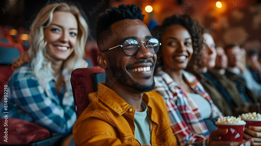 Wall mural inclusive friendship: diverse group of friends with disabilities enjoying movie night concept of joy