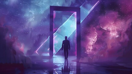 Silhouetted figure stepping through a vibrant futuristic portal into a cosmic fantastical landscape