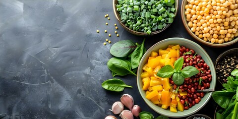 Pots Filled with a Variety of Natural Ingredients: Fresh Produce and Staple Foods. Concept Food Photography, Fresh Ingredients, Culinary Creations, Healthy Eating, Cooking Inspiration