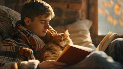 Fototapeta na wymiar A man with autism embraces joy while reading a book beside his loving cat, illustrating the profound emotional bond and solace their companionship brings in this heartwarming photo