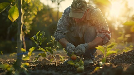 Gardener planting seedlings in soil at sunset, with focus on hands nurturing a young plant in a tranquil garden setting.