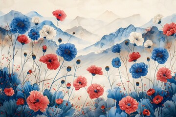 Illustration of  watercolor illustration featuring blue, red and white flowers