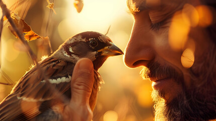 A man with cerebral palsy joyfully petting his bird illustrating the deep connection and happiness their companionship brings