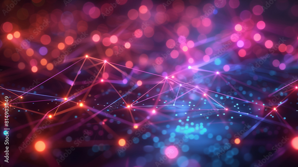 Poster vibrant network of multicolored dots and lines on a dark background, perfect for web design and abst