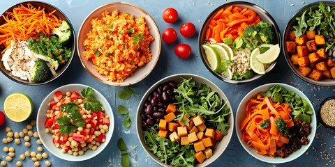 Vibrant Buddha bowl with assorted vegan dishes on blue background. Concept Vegan Cuisine, Vibrant Food Photography, Buddha Bowl, Assorted Dishes, Blue Background