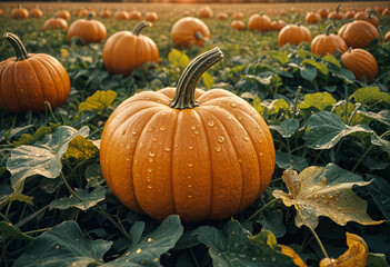 beautiful pumkins on a field in between leafs at golden hour halloween