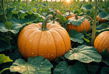 beautiful pumkins on a field in between leafs at golden hour halloween