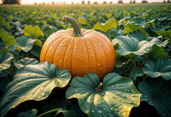 beautiful pumkins on a field in between leafs at golden hour halloween