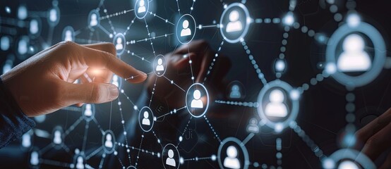 Businessman touching icons representing social networks and human resources on a virtual screen, depicting a digital technology