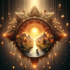 A artwork of a river and mountains