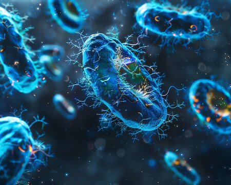 A 3D rendering of a virus. The virus is blue and has a spiky outer coat.