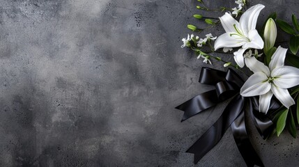 a black ribbon and white lily flowers arranged on a grey concrete surface, the poignant symbolism of the sad flag in honor of lives lost to war or cancer.