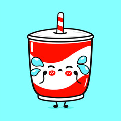 Crying Cold drink character. Vector hand drawn cartoon kawaii character illustration icon. Isolated on blue background. Sad Cold drink character concept