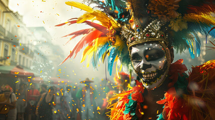 close up of a carnival mask, close up of a carnival scene in the brazil, face with carnival mask, colored faces