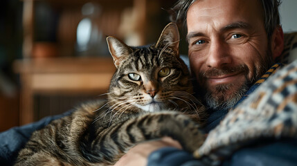 Man with spina bifida holding cat while WFH: Concept of deep connection and comfort in Photo Realistic Stock