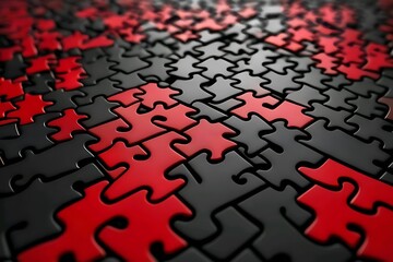 Intricate Mosaic of Vibrant Red and Black Puzzle Pieces Creating a Dynamic Background