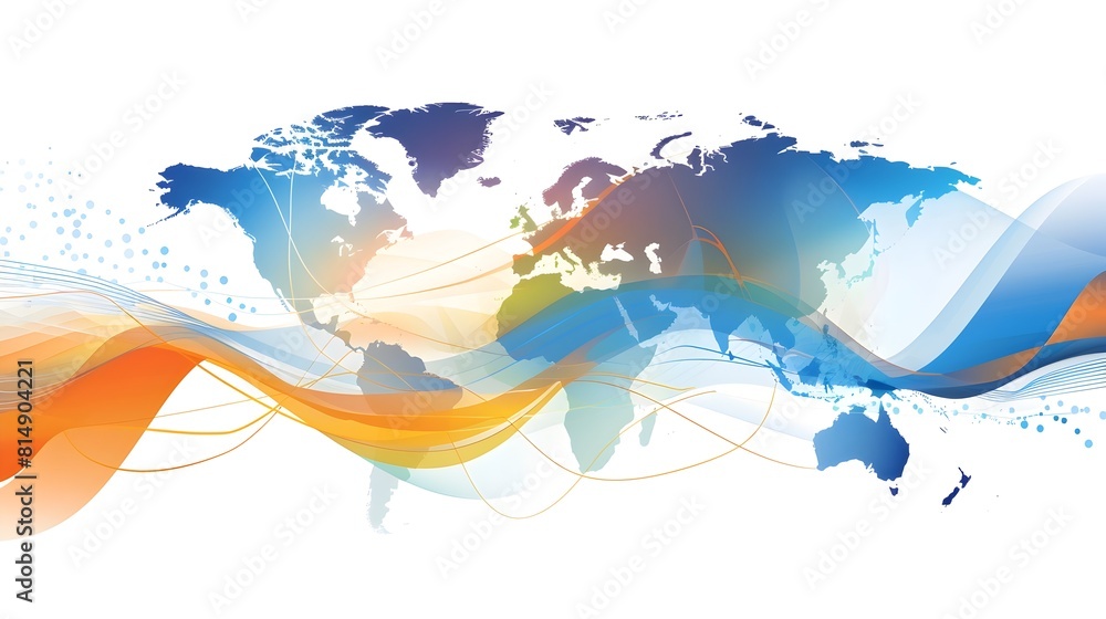 Poster interlinked global business dynamics represented by fluid continent shapes and trade route lines