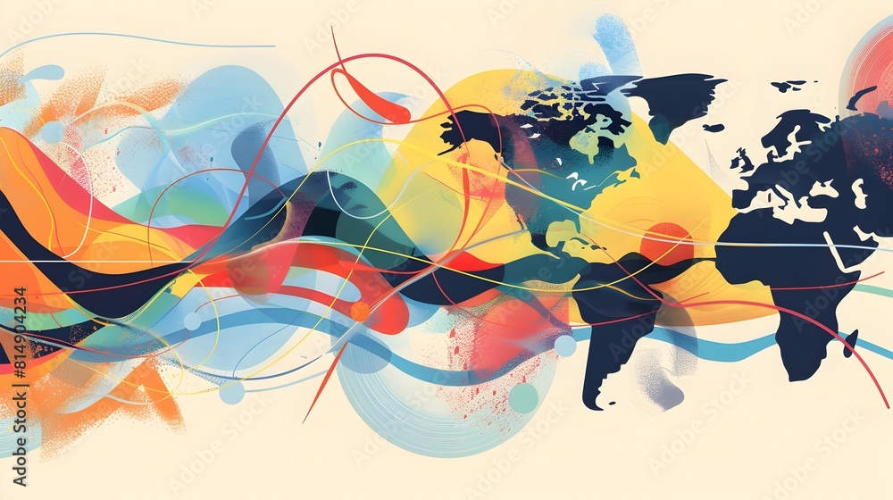Poster dynamic global business connectivity composition with fluid shapes and interconnected continents