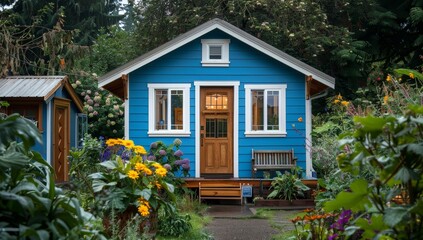 Obraz premium Small, bright blue tiny house with white trim and a wooden front door stands in the center.