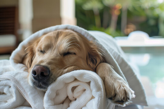 Content golden retriever enjoys a day at a luxury dog spa, wrapped in towels and dozing off peacefully by the poolside