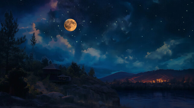 the night sky with the moon is drawn like in children's books the parallax effect