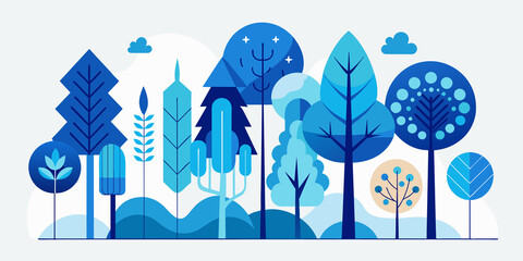 Abstract trees mega set in graphic flat design. Bundle elements of minimal style trees with blue foliage and other colors, forest plants with different shapes.