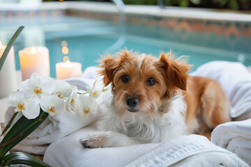 Cute dog lounging on white towels by a poolside, surrounded by orchids and candles, showcasing a pet-friendly luxurious spa atmosphere