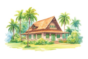 watercolor painting of a beach house with palm trees