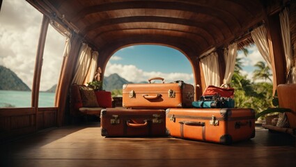 vintage suitcase with leather details. There is a paradisiacal and tropical touch. Adventure atmosphere.