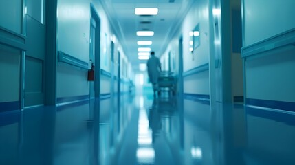 Blurred Silhouettes in a Hospital Corridor - Moody Blue Tones and Distant Figures