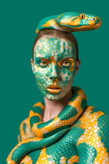 Woman covered in snake body art with a live green yellow snake draped around her neck against green background
