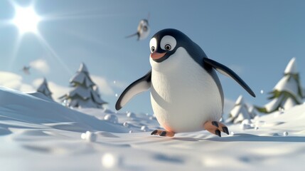 Obraz premium Whimsical 3D depiction of an overweight penguin sliding down a snowy slope, its flippers spread wide for balance, under a bright winter sky