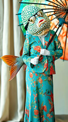 Whimsical portrayal of anthropomorphic fish in a floral suit in glasses and holding umbrella