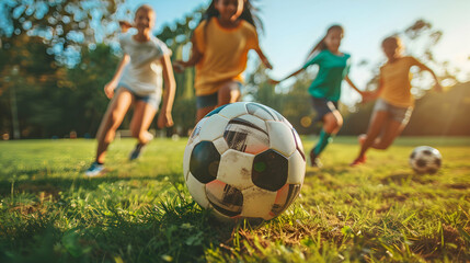 Obraz na płótnie Canvas Photo realistic concept: Teen with ADHD joyfully playing soccer with friends, highlighting inclusion, teamwork, and benefits of physical activity. Copy space with high quality deta