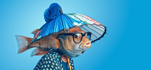 Creative image of anthropomorphic surprised tropical fish wearing in hat and spectacles on light blue background. Playful and humorous mood