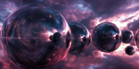 Series of large, shiny, reflective spheres are floating in the sky. Concept many worlds, fantasy and science fiction