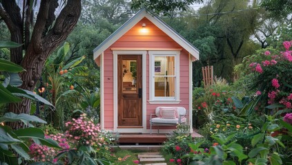 Small, bright blue tiny house with white trim and a wooden front door stands in the center.